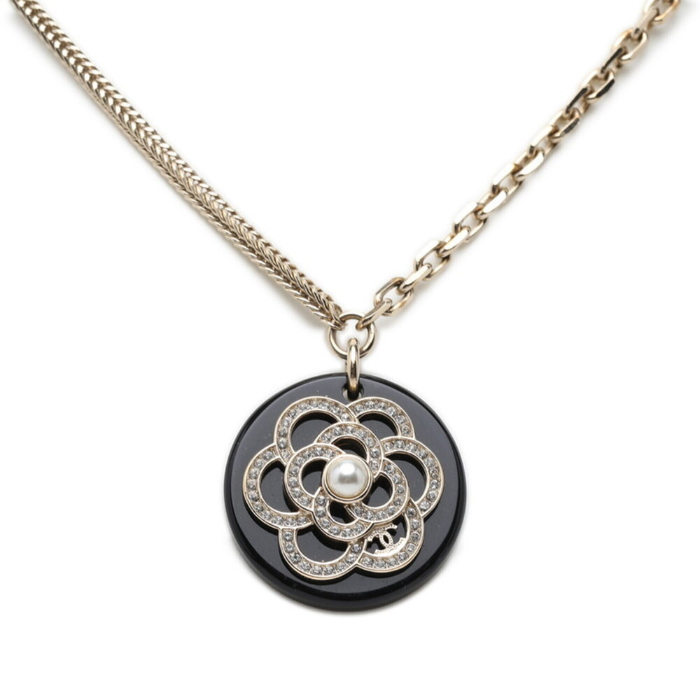 Chanel Camellia Coco Mark Chain Necklace, Gold and Black Plated, Faux Pearl R...